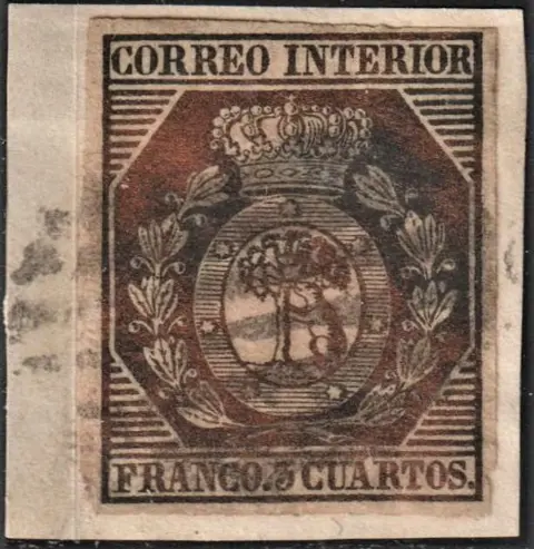 Spanje 1853 - 1853 - Coat of arms of Madrid - 3 cu. bronze on fragment - Edifil 23