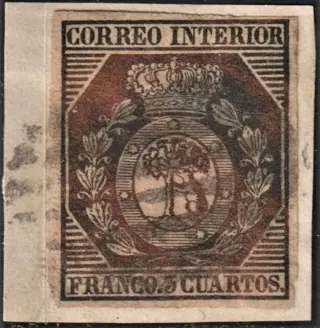Spanje 1853 - 1853 - Coat of arms of Madrid - 3 cu. bronze on fragment - Edifil 23