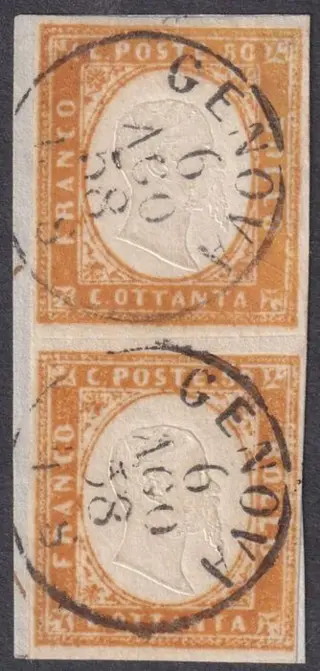 Italiaanse oude staten - Sardinië 1858 - IV^ Em. 80 c. bistro arancio coppia verticale marginata su framm. Genova rara Certificata - Sassone n.17