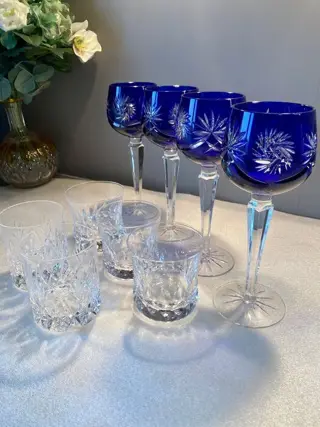 Hand-cut noble blue wine glass and whiskey glass from