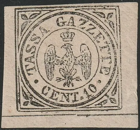 Italiaanse oude staten - Modena 1852 - Segnatasse x Giornali 10 c. nero Aquilotto ampi margini integro lusso Certificato - Sassone n.5