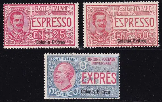 Italiaans Eritrea 1907 - Vittorio Emanuele III, Espressi, 3 valori - sassone 1/3