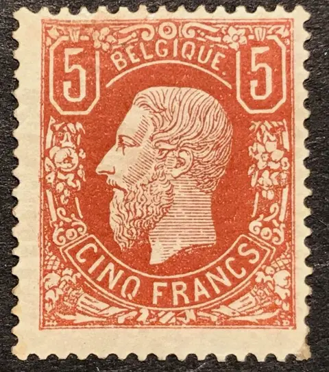 België 1869 - Leopold II 5 frank OBP 37 bruinrood (HERGOMD) - diepe kleur - Certificaat Williame / Kaiser - OBP 37