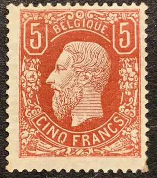 België 1869 - Leopold II 5 frank OBP 37 bruinrood (HERGOMD) - diepe kleur - Certificaat Williame / Kaiser - OBP 37
