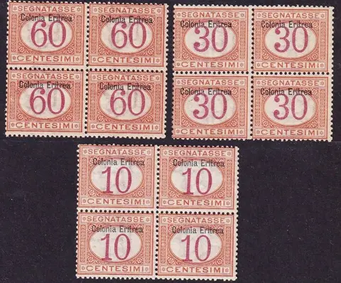 Italiaans Eritrea 1903 - Segnatasse con soprastampa in alto, 3 valori in quartina. - sassone 2-4-7
