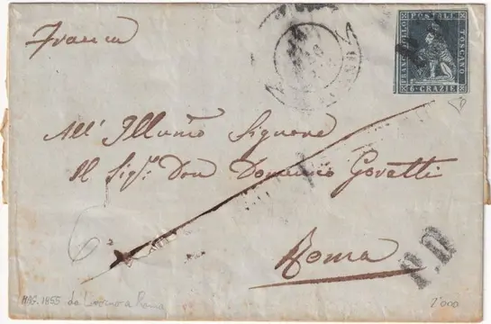 Italiaanse oude staten - Toscane 1855 - 1st issue, 6 cr. with margins on cover from Livorno to Rome, rare, with expert’s report - Sassone n.7