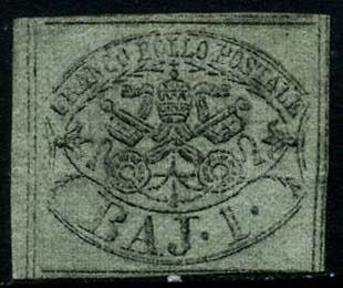 Italiaanse oude staten - Pauselijke Staat 1852 - 1 baj grey green, with the 4 complete framing lines. Beautiful - Sassone N. 2