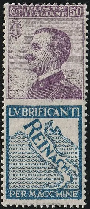 Koninkrijk Italië 1924/25 - Advertising pieces 50 c. violet and azure Reinach, intact, rare, with expert’s report - Sassone n.14