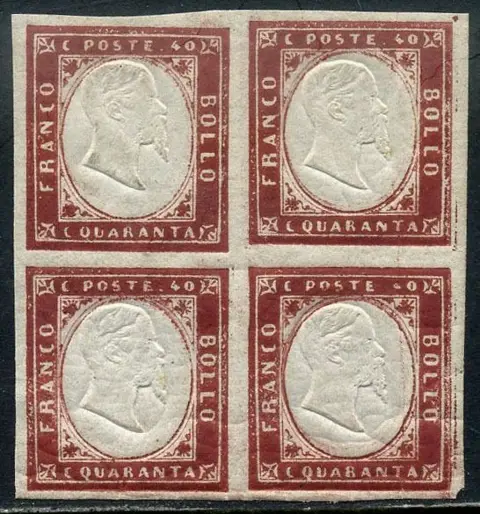 Italiaanse oude staten - Sardinië 1861 - Victor Emmanuel II, 40 cents carmine red, beautiful block of four. With certificate. - Sassone N. 16D