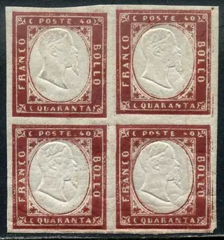 Italiaanse oude staten - Sardinië 1861 - Victor Emmanuel II, 40 cents carmine red, beautiful block of four. With certificate. - Sassone N. 16D