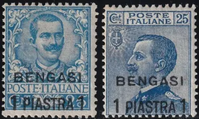Levant - Benghazi 1901/11 - Complete set of the 2 overprinted values 1 pi. on 25 c. azure, mint with full gum - Sassone n.1/2