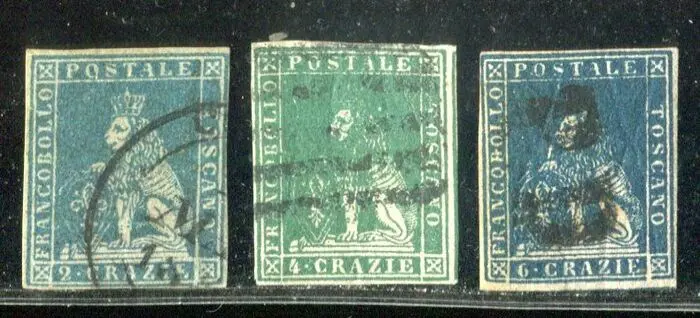 Italiaanse oude staten - Toscane 1851/1857 - 2 crazie 1st issue, 4 and 6 crazie 2nd issue, with gutter margin at the bottom. - Sassone 5, 14, 15.