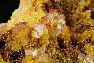Gele MIMETITE kristallen met CALCITE kristallen op matrix -