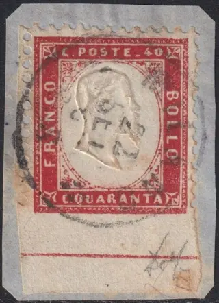 Koninkrijk Italië 1863 - I^ Em. 40 c. Non Dentellato in basso bordo integrale usato molto raro Certificato - Sassone 3l