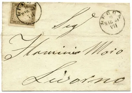 Italiaanse oude staten - Sardinië 1861 - Vittorio Emanuele II, 10 centesimi bistro grigio scuro su busta per Livorno - Sassone 14Cf