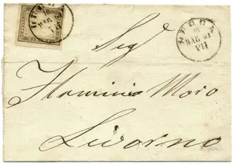Italiaanse oude staten - Sardinië 1861 - Vittorio Emanuele II, 10 centesimi bistro grigio scuro su busta per Livorno - Sassone 14Cf