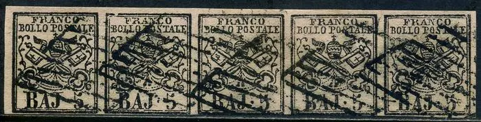 Italiaanse oude staten - Pauselijke Staat 1852 - 5 baj carmine pink. Horizontal strip of 5 pieces. - Sassone N. 6A