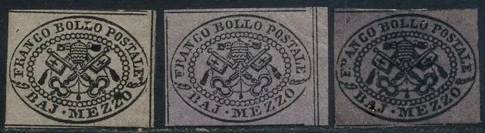 Italiaanse oude staten - Pauselijke Staat 1852 - Mezzo baj violetto grigiastro, violetto e violetto cupo.3 valori. - Sassone N. 1A - 1Aa - 1Ab