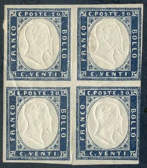 Italiaanse oude staten - Sardinië 186 - Vittorio Emanuele II, 20 centesimi indaco in quartina. - Sassone 15E