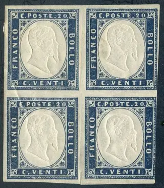 Italiaanse oude staten - Sardinië 186 - Vittorio Emanuele II, 20 centesimi indaco in quartina. - Sassone 15E