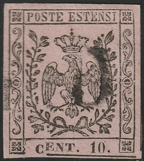 Italiaanse oude staten - Modena 1852 - 10 c. pink, variety C of CENT strongly shifted to the bottom, very rare, certified - Sassone n.9c