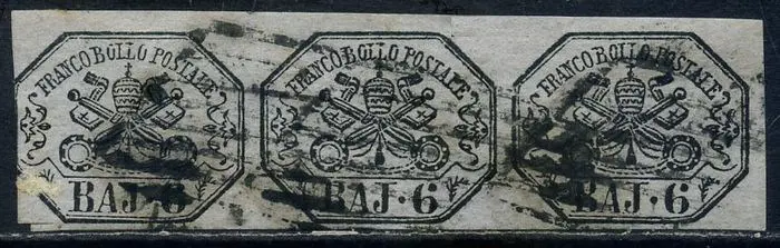 Italiaanse oude staten - Pauselijke Staat 1852 - 6 baj grey lilac. Horizontal strip of 3 pieces. - Sassone N. 7A
