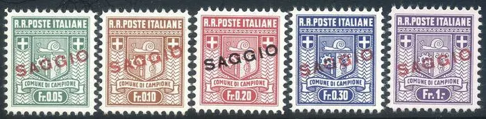 Italië 1944 - Campione, stemma 5 valori, prima tiratura, con soprastampa " SAGGIO". Periziati - Sassone N. 1/5