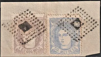 Spanje 1870 - Allegorical portrayal of Spain - Fragment, Edifil 107 and 111 - Edifil 107 y 111