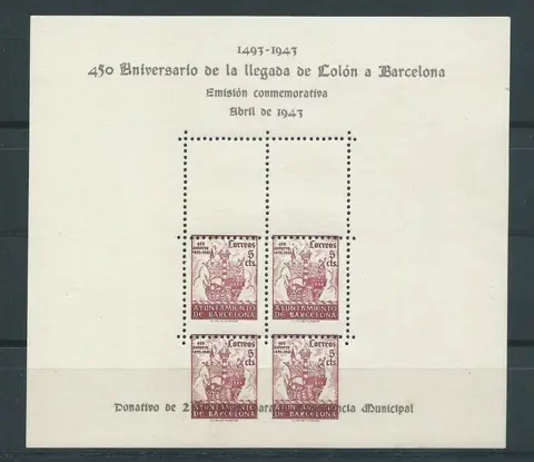 Spanje 1943 - Barcelona City Council error mini-sheet - very misaligned stamps - Edifil nº 51