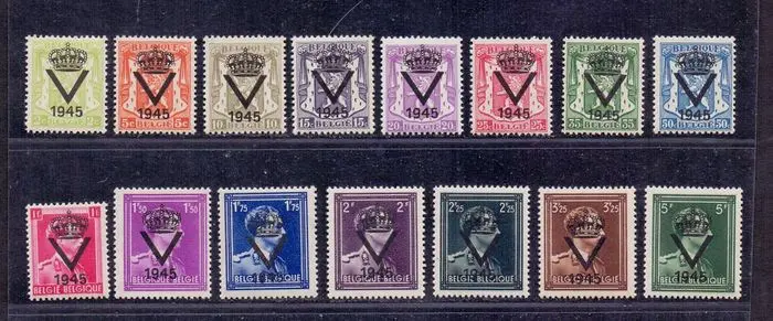 België 1945 - Privé-uitgifte : 'Staatswapen' en 'Open kraag met opdruk 'V' en '1945' met kroontje - OBP/COB PR61/75