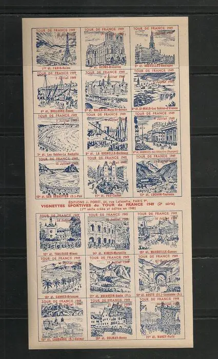 Frankrijk 1949 - TOUR DE FRANCE 1949 Very rare Block of 21 vignettes