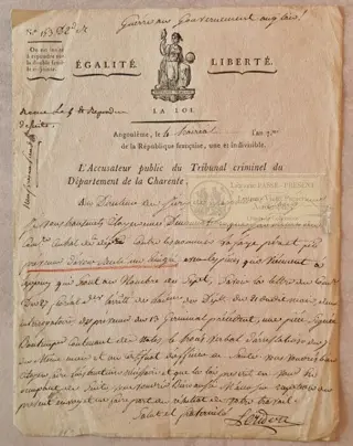 Révolution française - L'Accusateur Public - Pièce Signée de Dénonciation - [Guerre au Gvt anglais]] - 1799