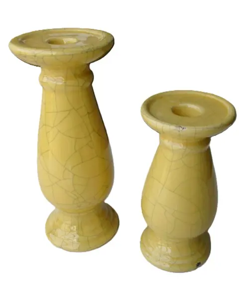 KANDELAAR GEEL MET CRAQUELE OLD LOOK GROOT 24,5 CM NIEUW