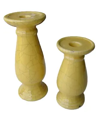 KANDELAAR GEEL MET CRAQUELE OLD LOOK GROOT 24,5 CM NIEUW