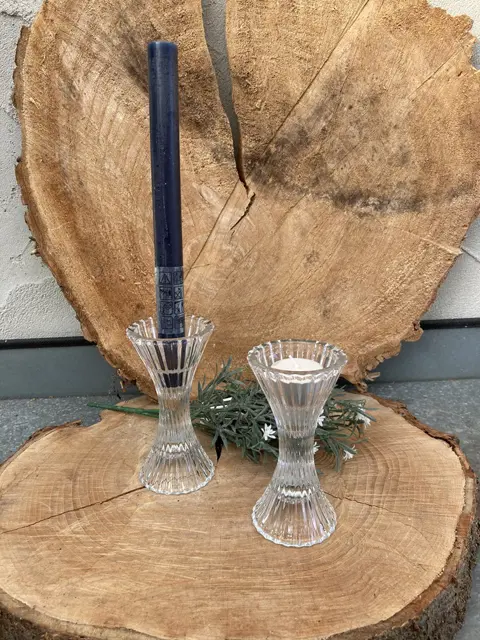 KANDELAAR RIBBEL HELDER GLAS DINER- WAXINELICHT 2 DLG NIEUW