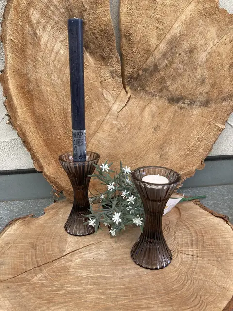 KANDELAAR RIBBEL SMOKEY GLAS DINER- WAXINELICHT 2 DLG NIEUW