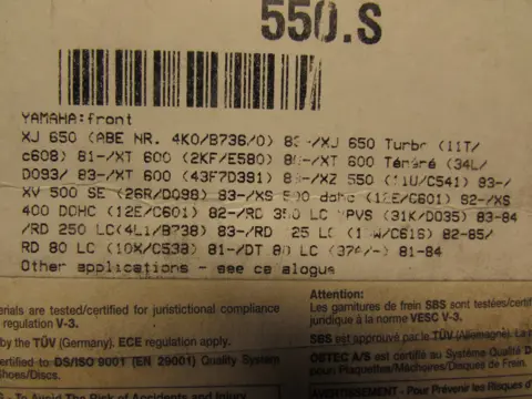 REMBLOKKEN VOOR Yamaha XT 600 1984 - 1990