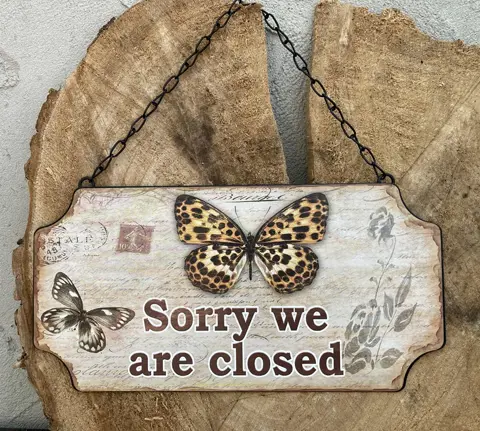 METAL SIGN VLINDER SORRY WE ARE CLOSED NIEUW