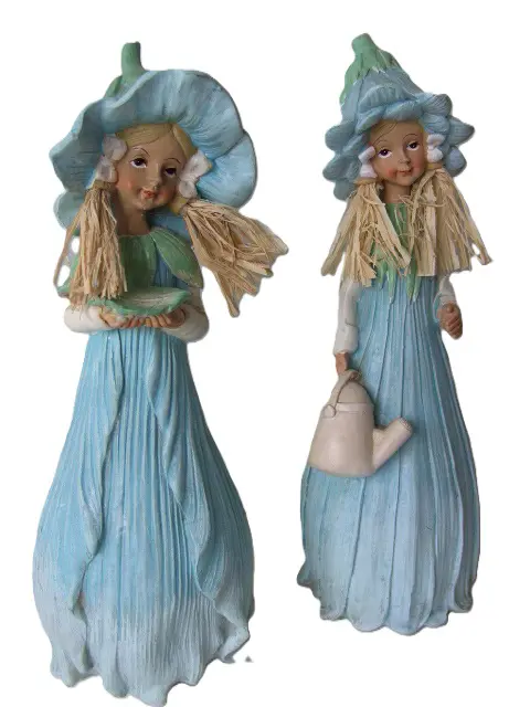 BEELD TWEE BLOEMEN MEISJES IN TURQUOISE SET VAN 2, 23 cm Polystone Nieuw