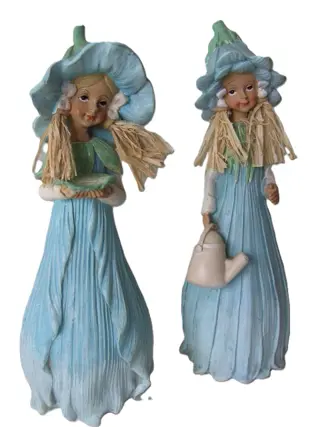 BEELD TWEE BLOEMEN MEISJES IN TURQUOISE SET VAN 2, 23 cm Polystone Nieuw