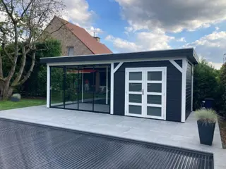 Tuinhuis-Blokhut Bosuil 300 x 300cm + Luifel 400cm