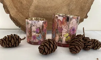 WAXINELICHT GOUD, BLOEMEN EN VLINDERS 2 DLG NIEUW