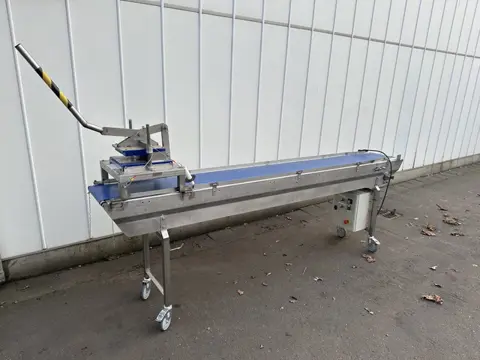 Snijmachine voor het snijden van vierkante blokken 5x5 cm met transportband