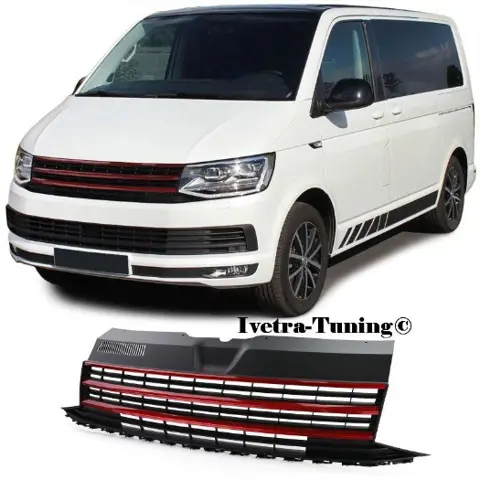Embleemloze Grill Volkswagen Transporter T6 (Zwart-Rood)