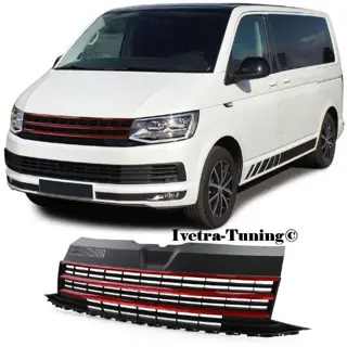 Embleemloze Grill Volkswagen Transporter T6 (Zwart-Rood)