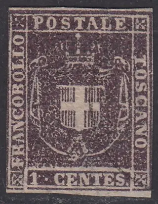 Italiaanse oude staten - Toscane 1860 - Governo Provvisorio, scudo di Savoia sormontato da corona Reale c. 1 violetto scuro - Sassone N. 18c
