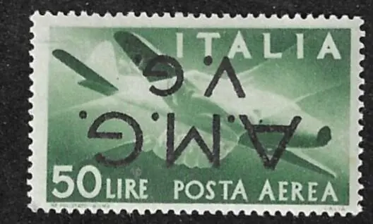 Italië 1992 - A.M.G. V.G. 50 lire airmail with inverted overprint, Raybaudi signature - Sassone N.8b