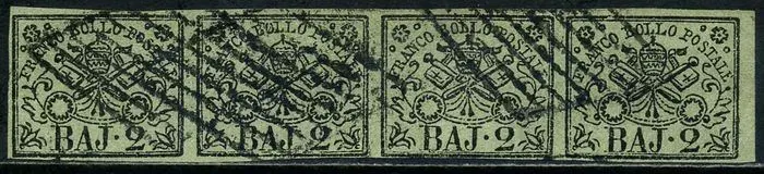 Italiaanse oude staten - Pauselijke Staat 1852 - 2 baj olive green. Strip of 4 pieces. - Sassone N. 3