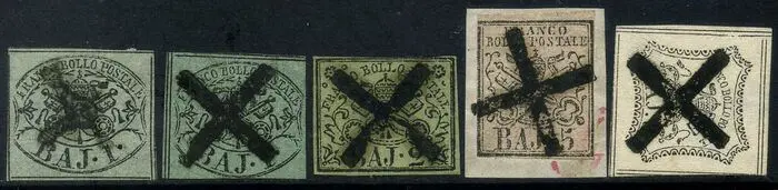 Italiaanse oude staten - Pauselijke Staat 1852 - 5 esemplari con annullo croce di Ferrara, belli