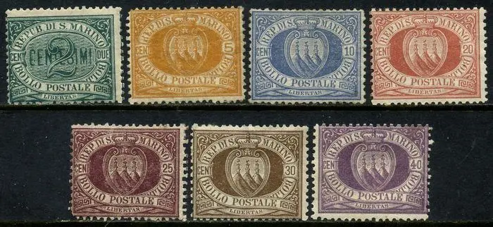San Marino 1877 - Coat of arms, 1st issue, complete set of 7 values. With certificate. - Sassone N. 1/7
